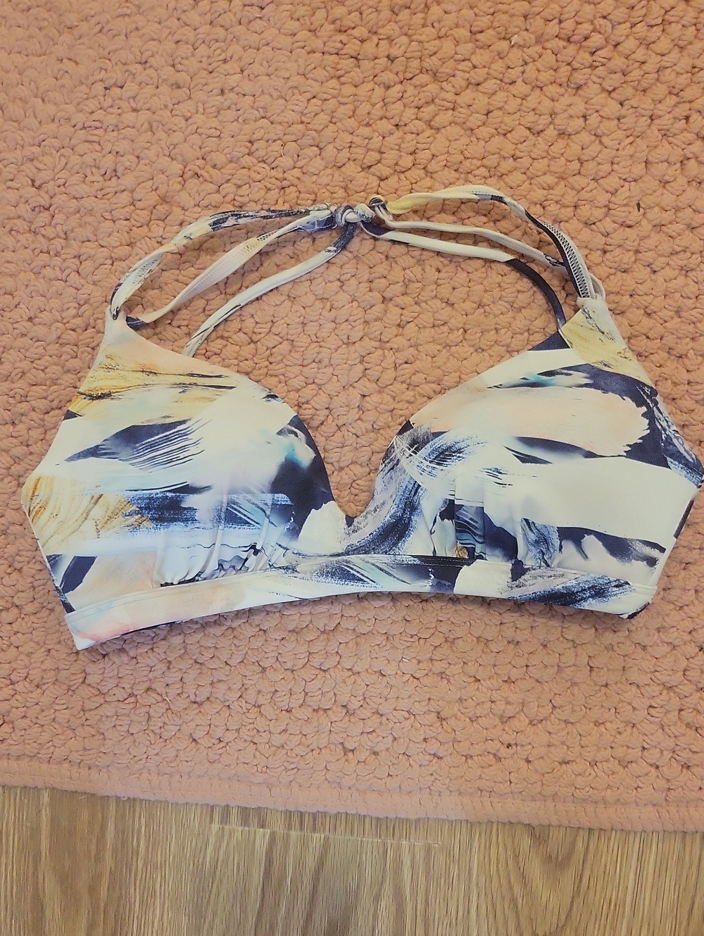 Athleta Abstract Print Padded Bikini Top in White, Navy & Peach